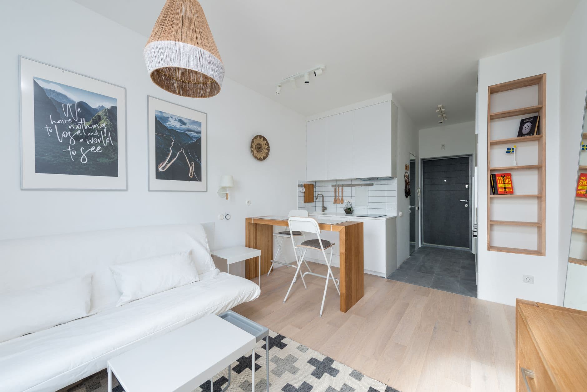 Minimalist wooden furniture in a small, simply furnished apartment