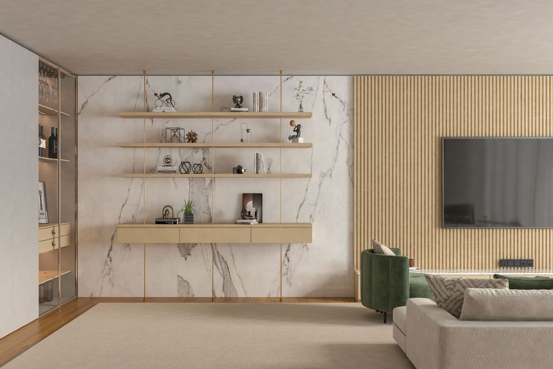 A minimalist living room with marble accents and contemporary furniture