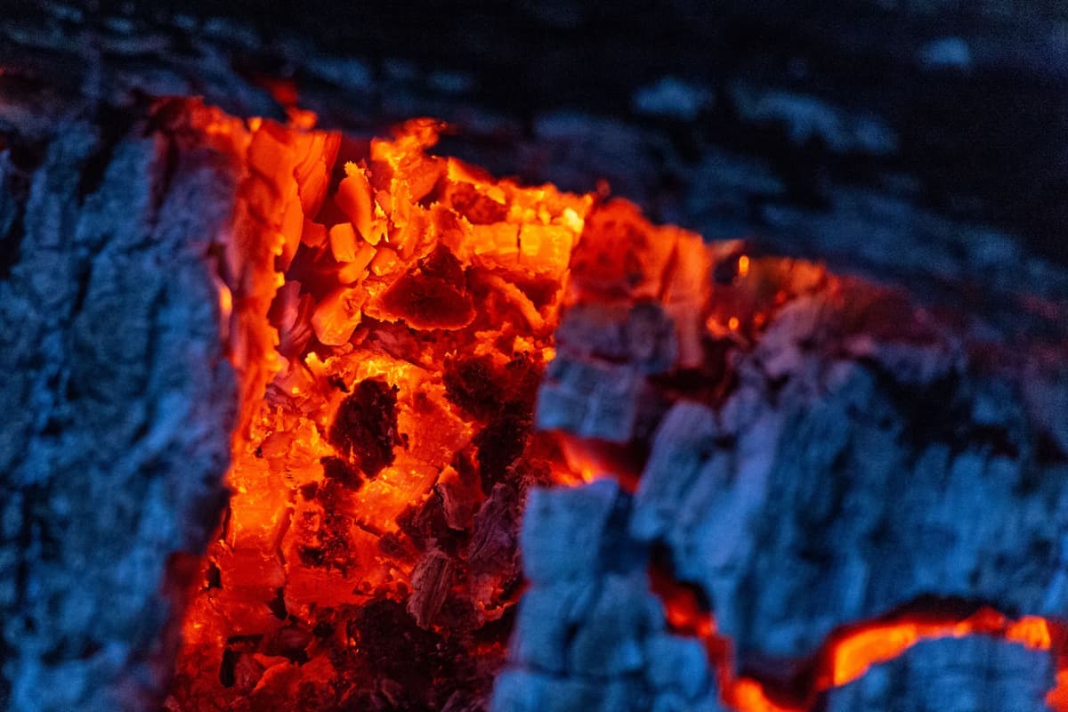 Glowing embers seen close up
