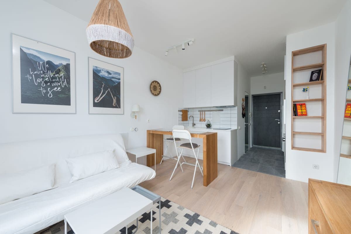 A modest living room with simple furnishing